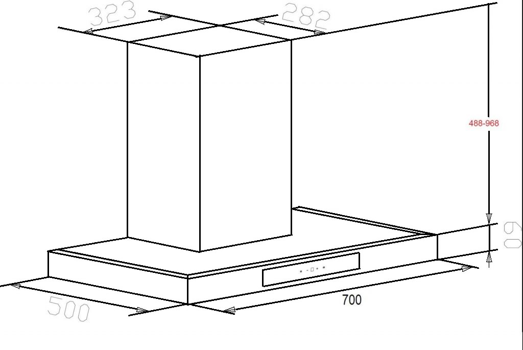 Bản vẽ kích thước Máy hút mùi CHEFS EH-R107E7G 70cm chữ T