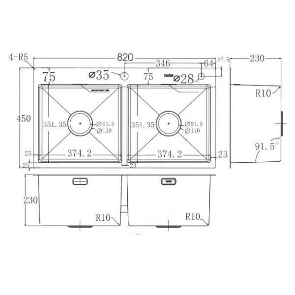 Bản vẽ kỹ thuật Chậu rửa bát inox FASTER FS 8245HB