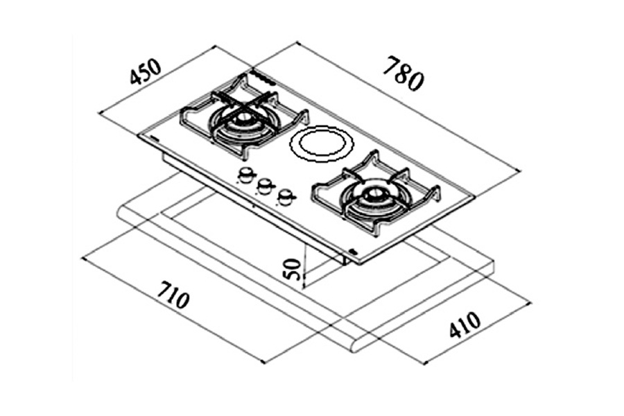 Bản vẽ kích thước Bếp điện kết hợp gas ba TEKA CGW LUX 78 2G 1P 40215002