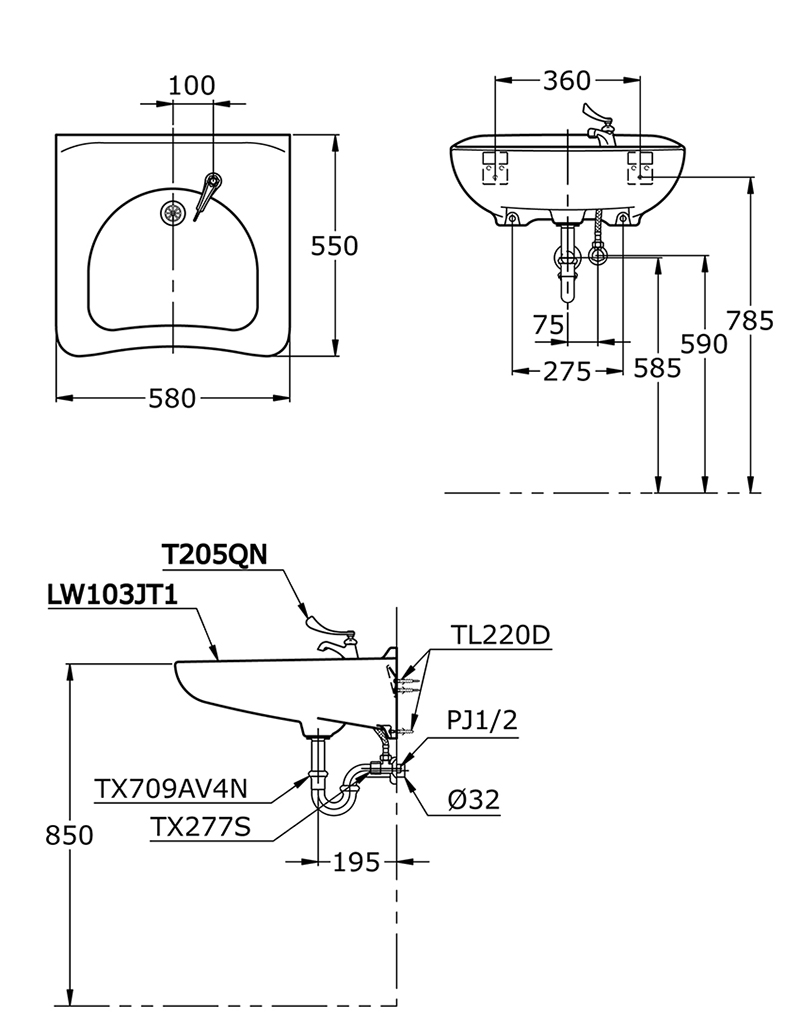 Bản vẽ kĩ thuật chậu lavabo TOTO LW103JT1 treo tường