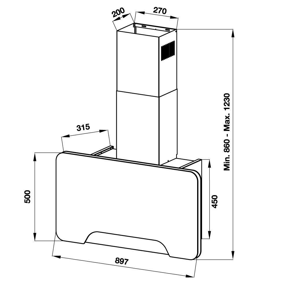 Bản vẽ kích thước Máy hút mùi HAFELE HH-WVGS90A 533.80.203 90cm kính vát