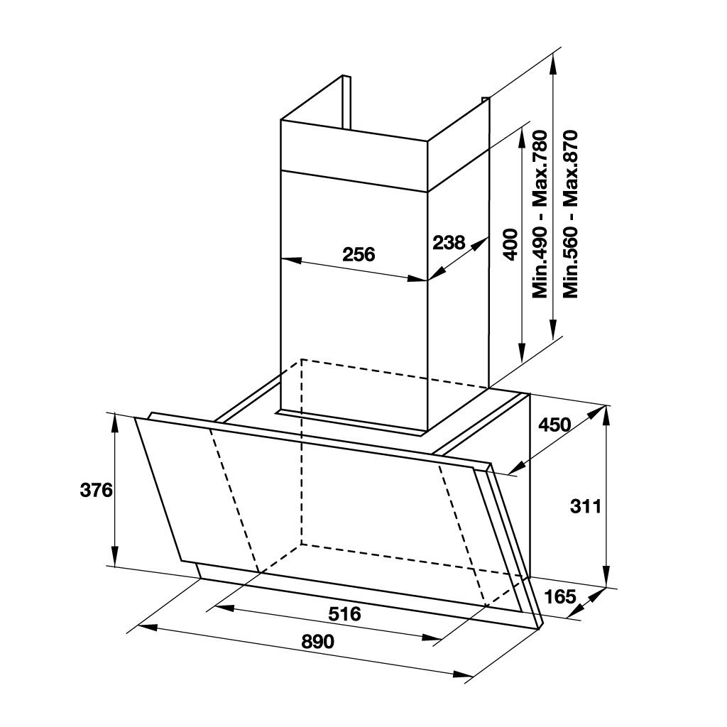 Bản vẽ kích thước Máy hút mùi HAFELE HH-WVS90A 533.86.003 90cm kính vát