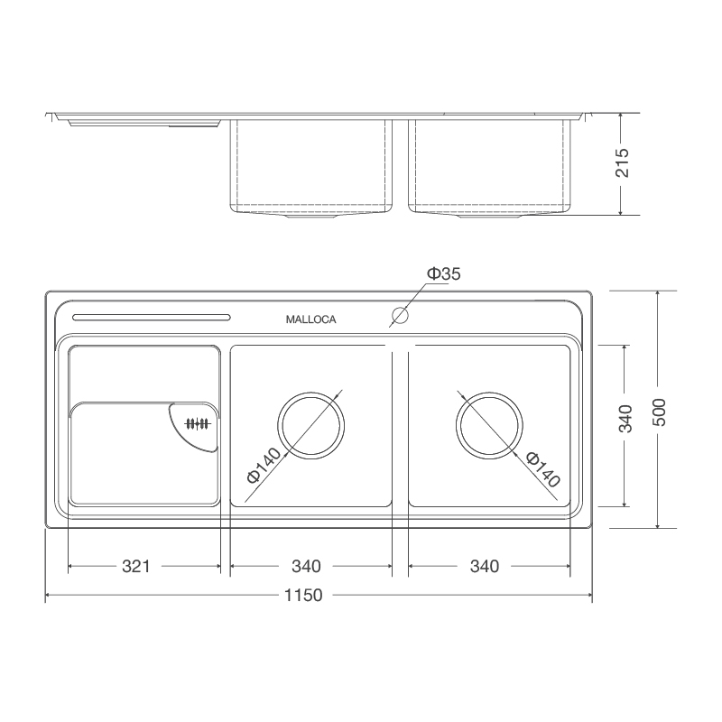 Bản Vẽ Kỹ Thuật Chậu rửa bát inox MALLOCA MS 8816 N