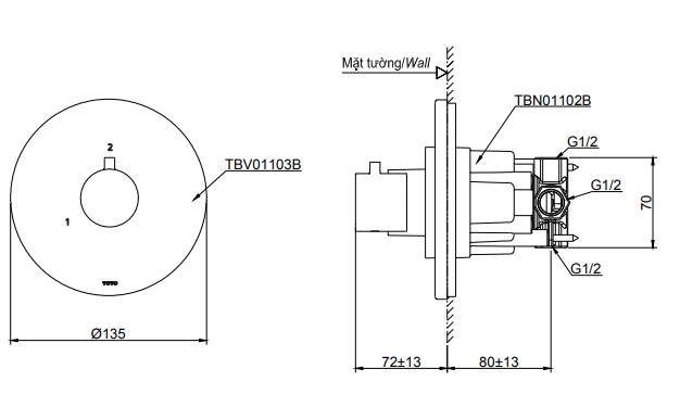 Bản vẽ kỹ thuật Van chuyển hướng TOTO TBV01103B TBN01102B sen âm tường