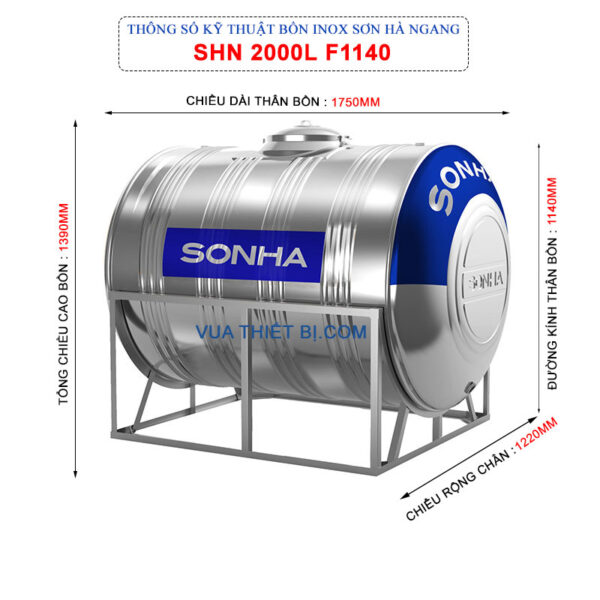 thong so ky thuat bon inox son ha 2000l ngang phi 1140