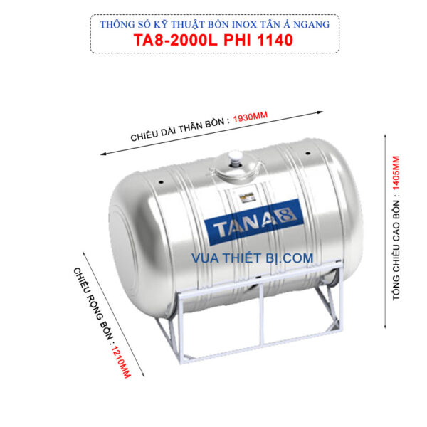thong so ky thuat bon inox tan a ta8 2000l ngang phi 1140
