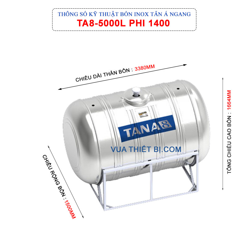 thong so ky thuat bon inox tan a ta8 5000l ngang phi 1400