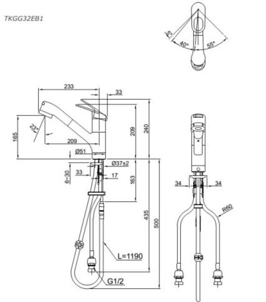Bản vẽ kỹ thuật Vòi rửa bát TOTO TKGG32EB1 nóng lạnh
