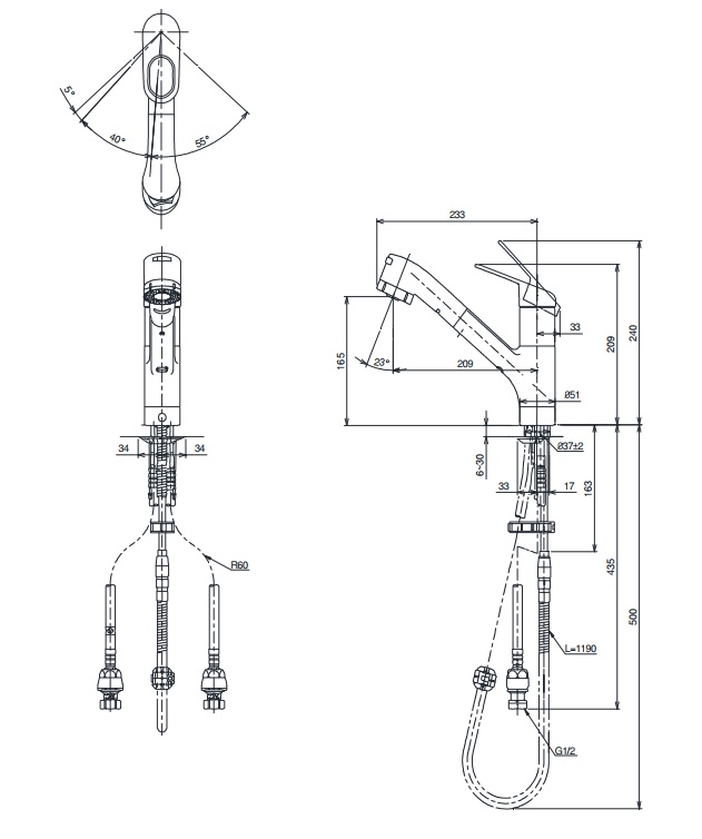 Bản vẽ kỹ thuật Vòi rửa bát TOTO TKGG32EBS nóng lạnh