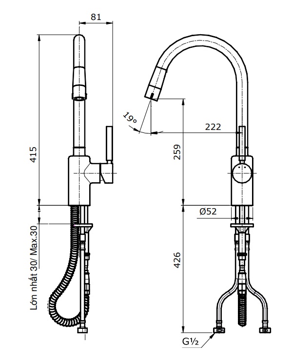 Bản vẽ kỹ thuật Vòi rửa bát TOTO TX608KNBR nóng lạnh