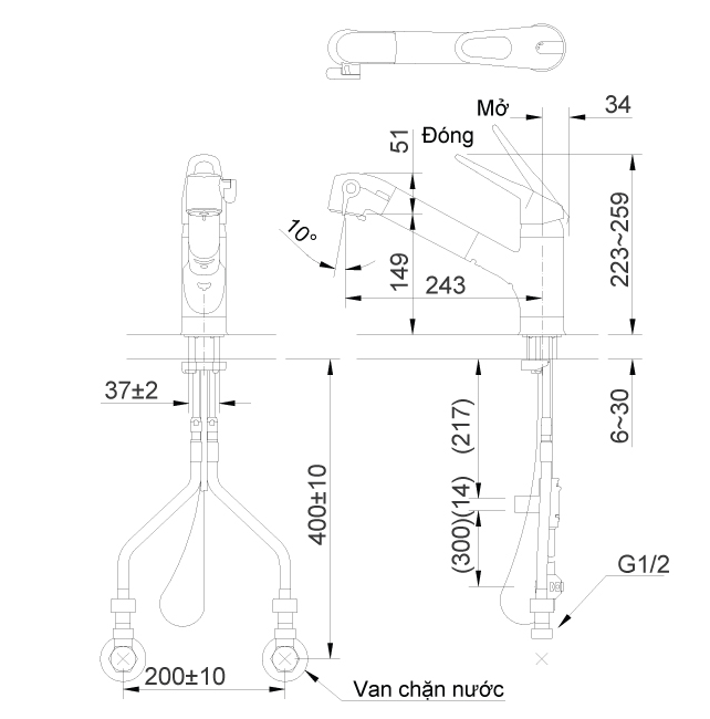Bản vẽ kỹ thuật Vòi rửa bát INAX JF-AB466SYX JW nóng lạnh rút dây