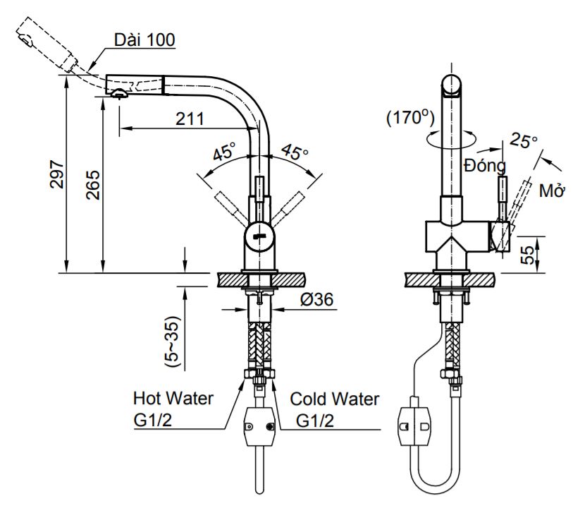 Bản vẽ kỹ thuật Vòi rửa bát INAX SFV-1013SX nóng lạnh rút dây