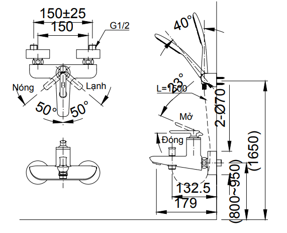 Bản vẽ kỹ thuật Vòi sen tắm INAX BFV-4103S-5C nóng lạnh