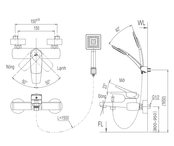 Bản vẽ kỹ thuật Vòi sen tắm INAX BFV-5003S nóng lạnh