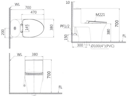 Bản vẽ bồn cầu 1 khối Caesar CD1395 nắp êm M221