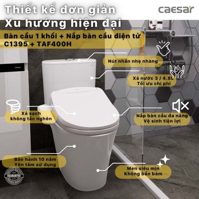 Bồn cầu thông minh CAESAR C1395F TAF400H (CD1395) nắp rửa điện tử - Ảnh 6