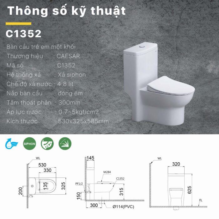 Bồn cầu 1 khối CAESAR C1352 trẻ em nắp êm M284 - Ảnh 3