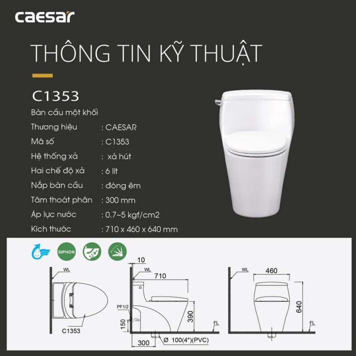 Bồn cầu 1 khối CAESAR C1353 nắp êm MU234 - Ảnh 3