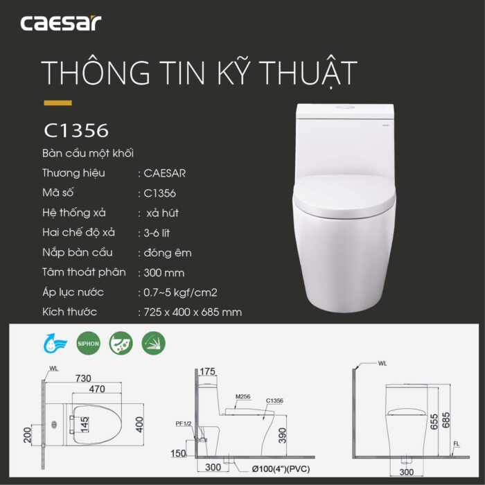 Bồn cầu 1 khối CAESAR C1356 nắp êm M256 - Ảnh 3