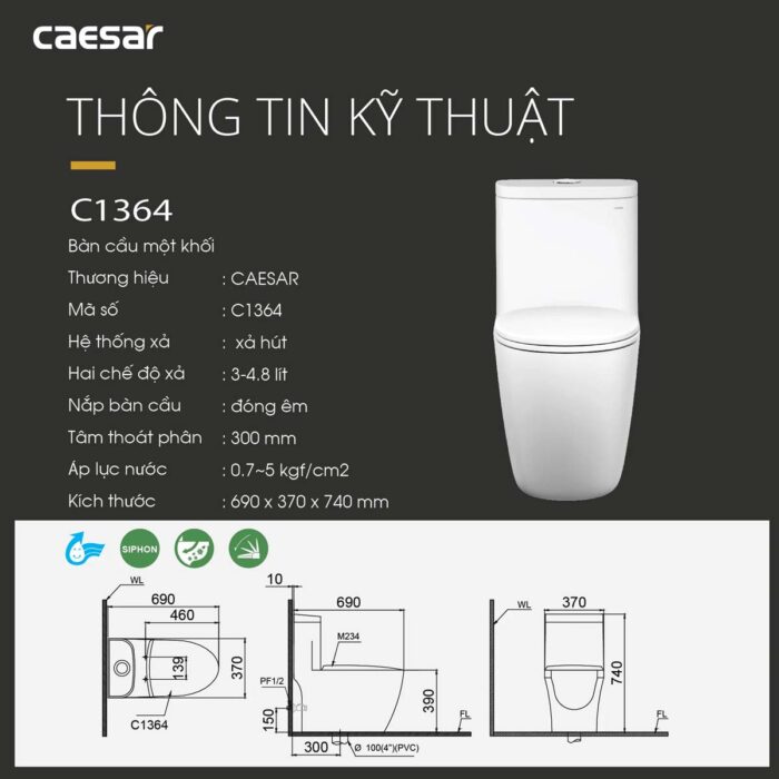 Bồn cầu 1 khối CAESAR C1364 nắp êm MU234 - Ảnh 3