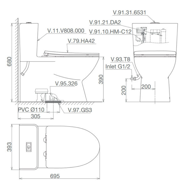 Bản vẽ kĩ thuật Bồn cầu 1 khối VIGLACERA V808 nắp êm
