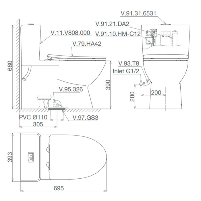 Bản vẽ kĩ thuật Bồn cầu 1 khối VIGLACERA V808 nắp êm
