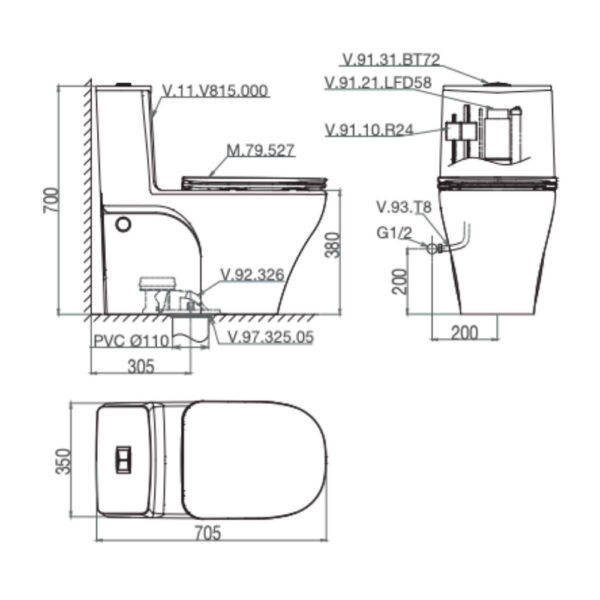 Bản vẽ kĩ thuật Bồn cầu 1 khối VIGLACERA V815 nắp êm
