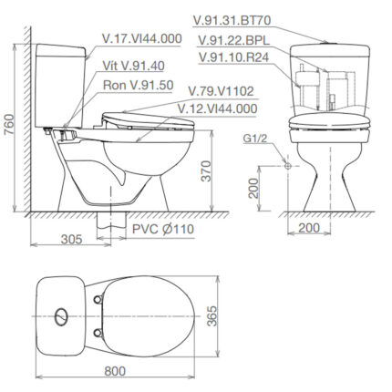 Bản-vẽ-kĩ-thuật-Bồn-cầu-2-khối-VIGLACERA-VI44-nắp-êm-V116
