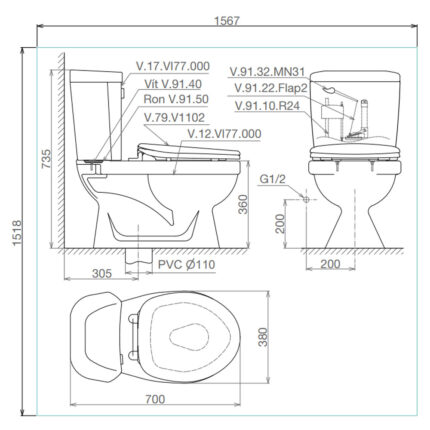 Bản-vẽ-kĩ-thuật-Bồn-cầu-2-khối-VIGLACERA-VI77-nắp-êm-V116