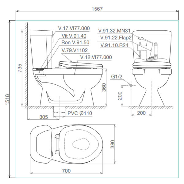 Bản-vẽ-kĩ-thuật-Bồn-cầu-2-khối-VIGLACERA-VI77-nắp-êm-V116