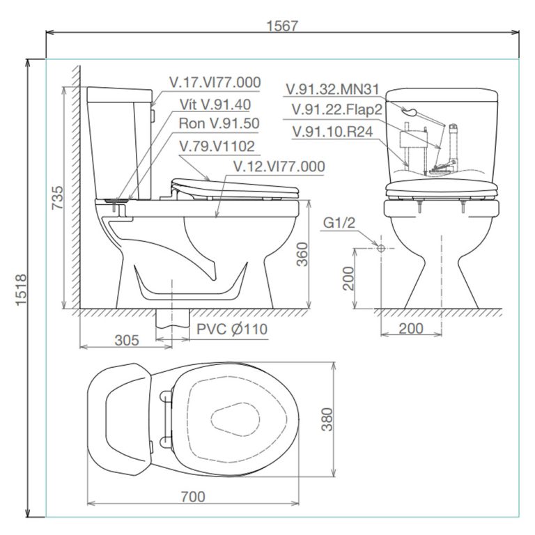 Bản-vẽ-kĩ-thuật-Bồn-cầu-2-khối-VIGLACERA-VI77-nắp-êm-V116
