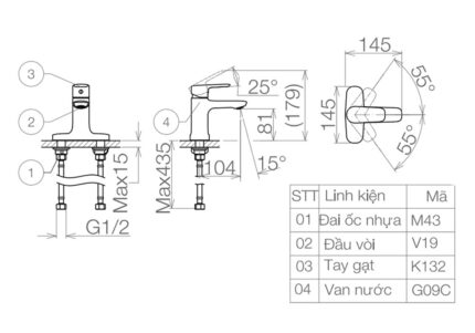 Bản vẽ kỹ thuật Vòi lavabo VIGLACERA VG332 nóng lạnh