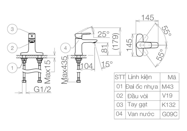 Bản vẽ kỹ thuật Vòi lavabo VIGLACERA VG332 nóng lạnh