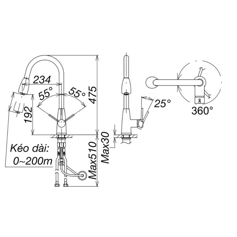 Bản vẽ kỹ thuật Vòi rửa bát VIGLACERA VG768 rút dây nóng lạnh