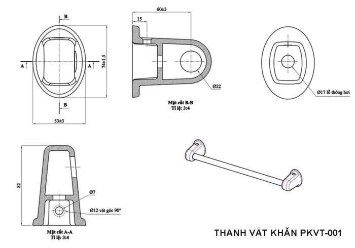 Bản vẽ kỹ thuật thanh vắt khăn Bộ phụ kiện nhà tắm VIGLACERA PKVT-001