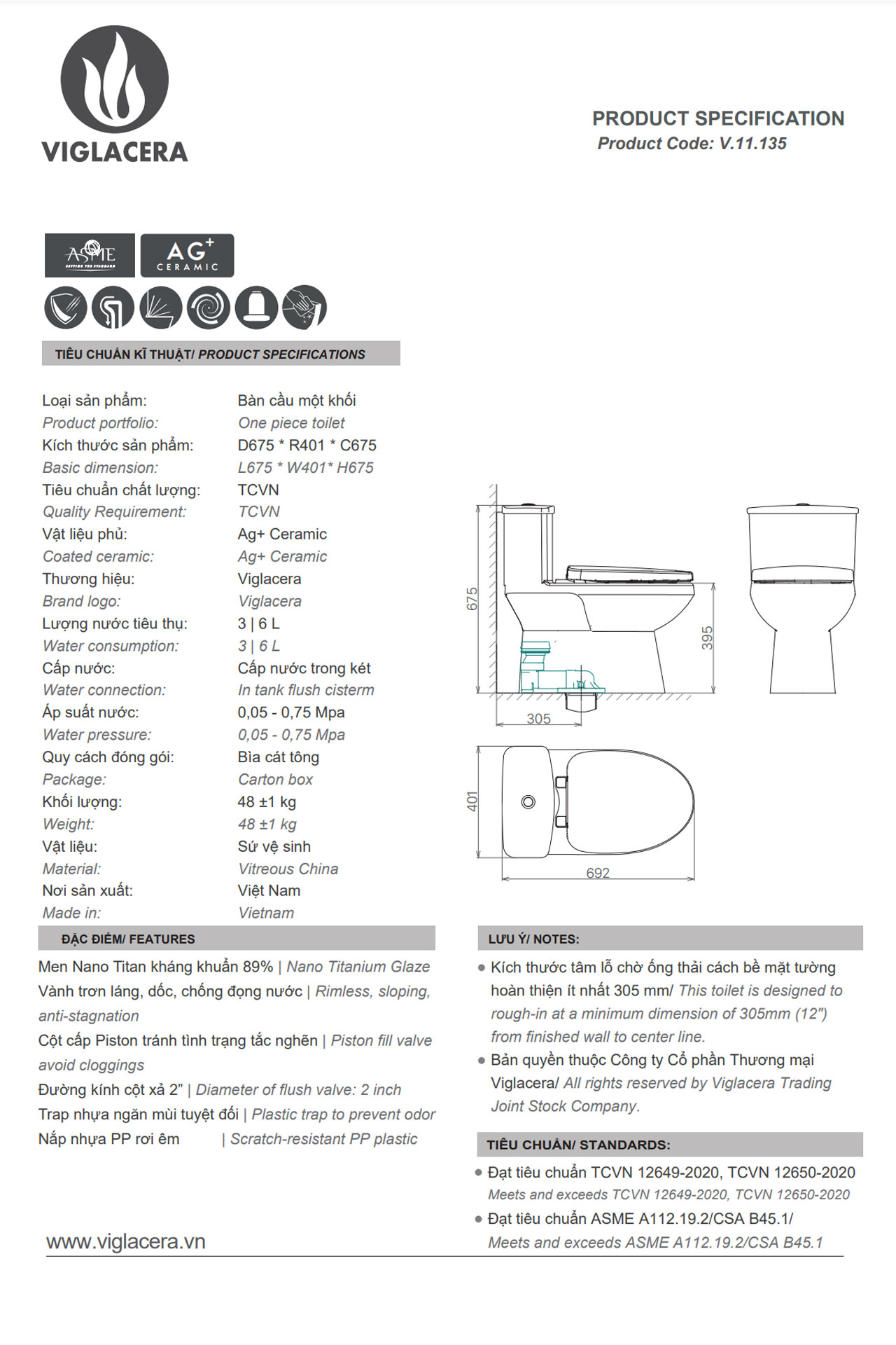 Thông-số-kĩ-thuật-Bồn-cầu-1-khối-VIGLACERA-V811-nắp-êm