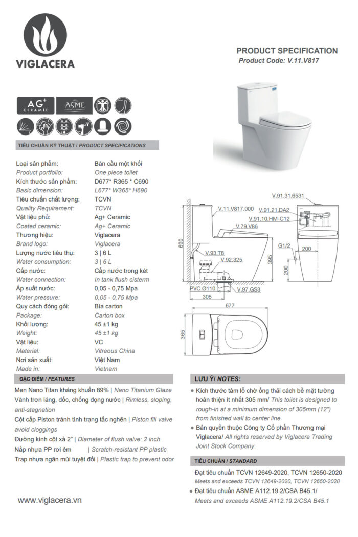 Thông-số-kĩ-thuật-Bồn-cầu-1-khối-VIGLACERA-V817-nắp-êm