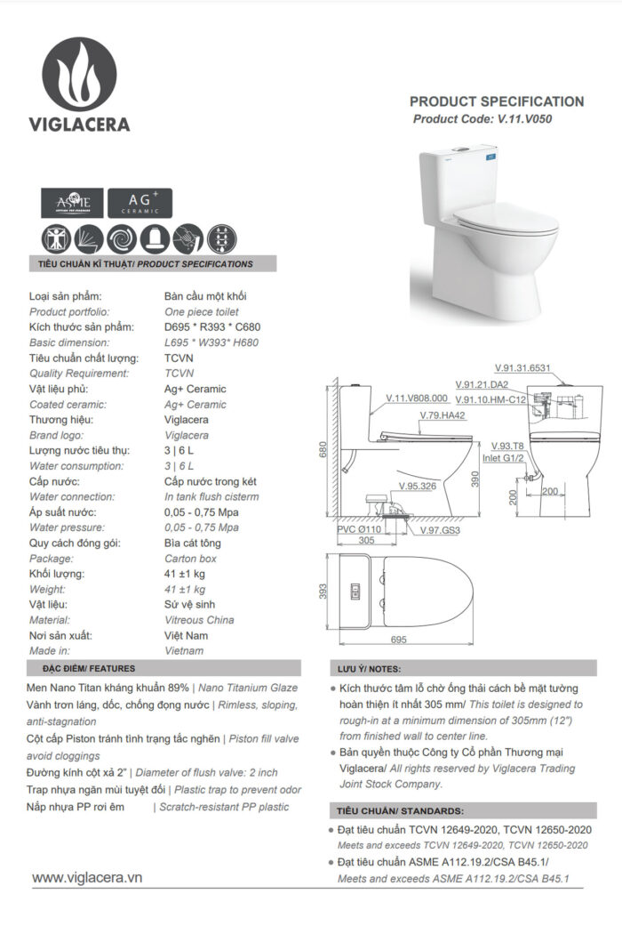 Thông số kỹ thuật Bồn cầu 1 khối VIGLACERA V808 nắp êm