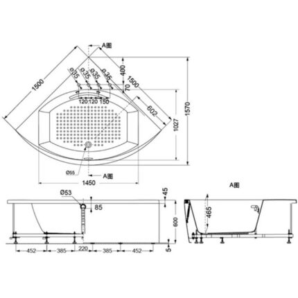 Bản vẽ kĩ thuật Bồn Tắm TOTO PPPY1543-4HPE#P DB505R-2B góc chân yếm 1.5M