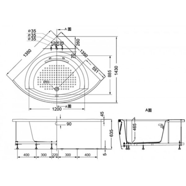 Bản vẽ kĩ thuật Bồn Tắm TOTO PPY1353-3HPE#P DB505R-2B ngọc trai góc chân yếm 1.35m