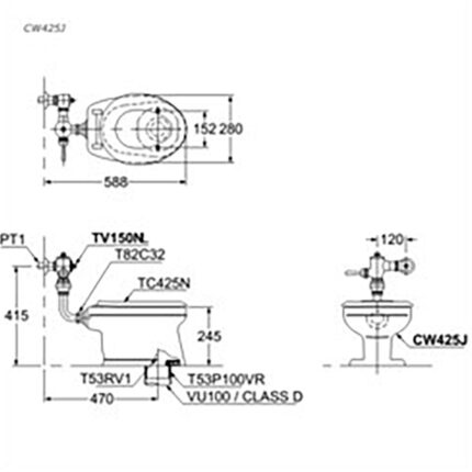Bản vẽ kĩ thuật Bồn cầu 1 khối TOTO CW425J TV150NLJ T82C32 TC30A T53P100VR T53RV1 trẻ em nắp êm