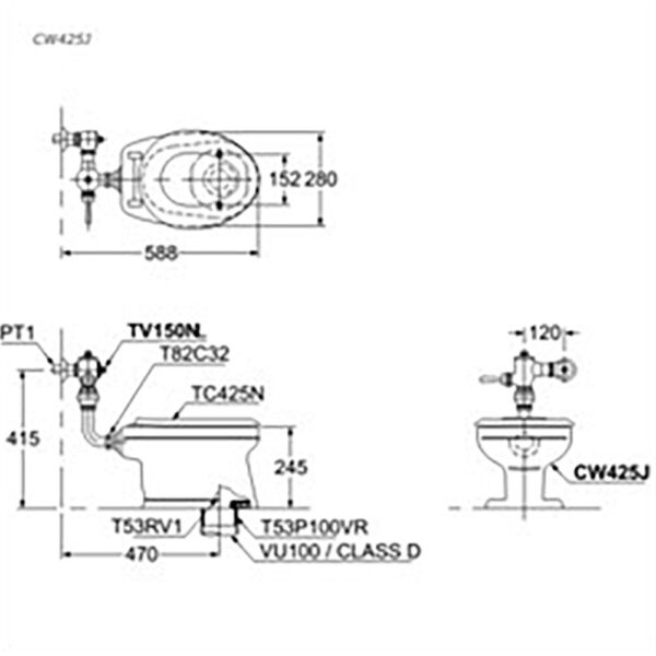 Bản vẽ kĩ thuật Bồn cầu 1 khối TOTO CW425J TV150NLJ T82C32 TC30A T53P100VR T53RV1 trẻ em nắp êm