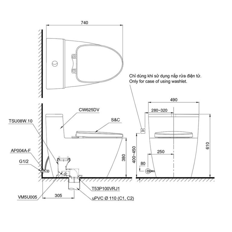 Bản vẽ kĩ thuật Bồn cầu 1 khối TOTO MS625DT2#XW nắp êm TC393VS