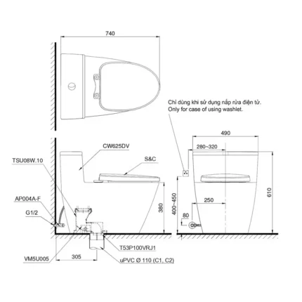 Bản vẽ kĩ thuật Bồn cầu 1 khối TOTO MS625DT8#XW nắp êm TC600VS