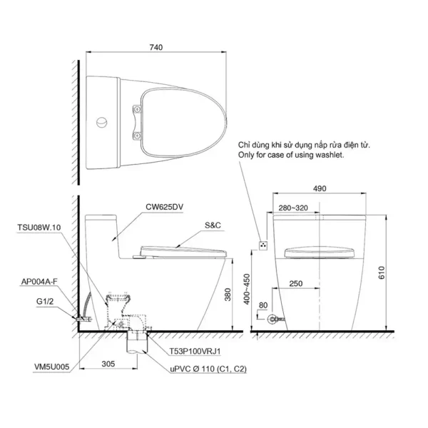 Bản vẽ kĩ thuật Bồn cầu 1 khối TOTO MS625DT8#XW nắp êm TC600VS