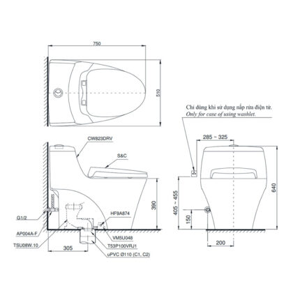 Bản vẽ kĩ thuật Bồn cầu 1 khối TOTO MS823DRT2#XW nắp êm TC393VS