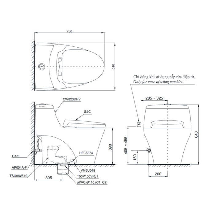 Bản vẽ kĩ thuật Bồn cầu 1 khối TOTO MS823DRT2#XW nắp êm TC393VS
