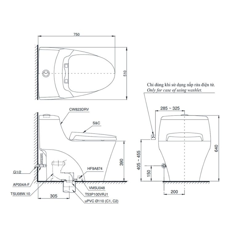 Bản vẽ kĩ thuật Bồn cầu 1 khối TOTO MS823DRT2#XW nắp êm TC393VS