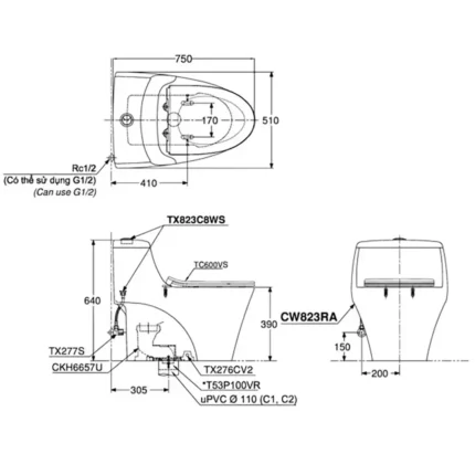 Bản vẽ kĩ thuật Bồn cầu 1 khối TOTO MS823DRT8#XW nắp êm TC600VS