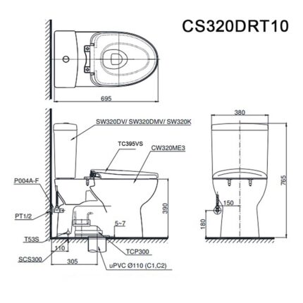 Bản vẽ kĩ thuật Bồn cầu 2 khối TOTO CS320DRT10#W nắp êm TC395VS